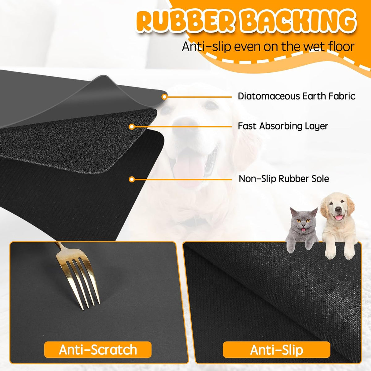Dog Food Mat, 90 X 60Cm Large Absorbent Pet Feeding Mat, Cat Food Mat for Food and Water, No Stains Quick Dry Dog Water Dispenser Mat, Pet Supplies Mat, Dog Bowl Mat