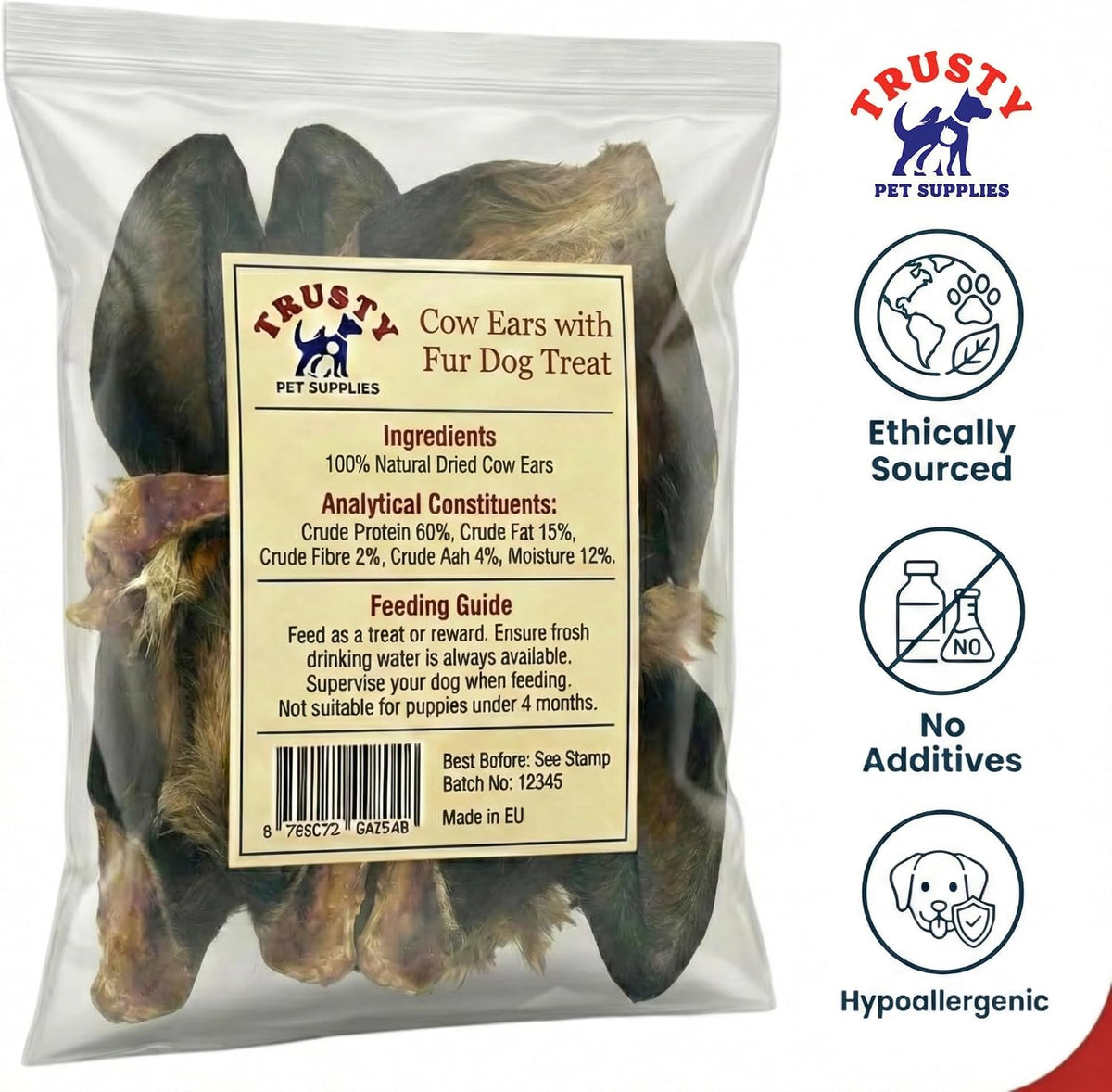 Cows Ear for Dogs X 10 Ears with Fur | 100% Natural Treats | Grain Free & Hypoallergenic | Natural Long Lasting Raw Buffalo Ear Chew | Tasty Raw Dog Treat | Natural Dewormer | by