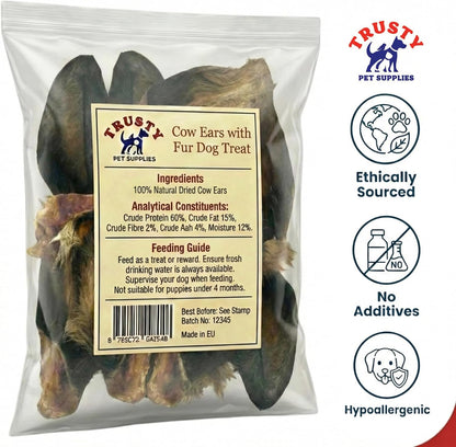 Cows Ear for Dogs X 10 Ears with Fur | 100% Natural Treats | Grain Free & Hypoallergenic | Natural Long Lasting Raw Buffalo Ear Chew | Tasty Raw Dog Treat | Natural Dewormer | by