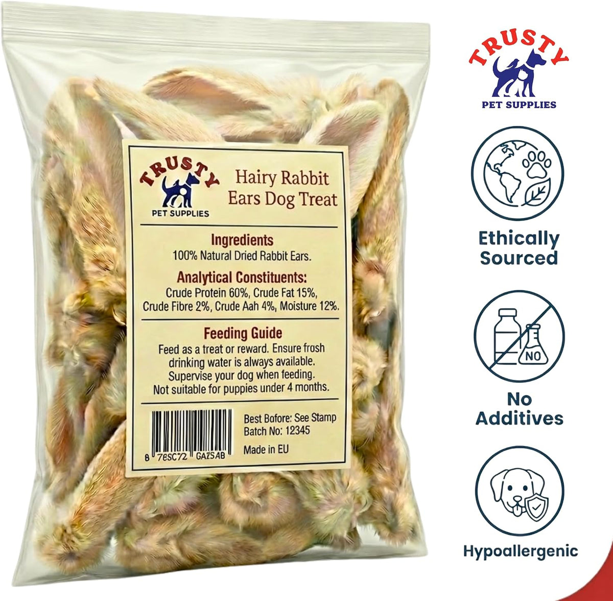 Rabbit Ears with Fur for Dogs 500G (Approx. 30-40 Ears) | 100% Natural Low Fat Dog Treats | Hypoallergenic Raw Dog Food Chew | Grain Free Pet Food | Natural Dewormer
