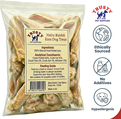 Rabbit Ears with Fur for Dogs 500G (Approx. 30-40 Ears) | 100% Natural Low Fat Dog Treats | Hypoallergenic Raw Dog Food Chew | Grain Free Pet Food | Natural Dewormer