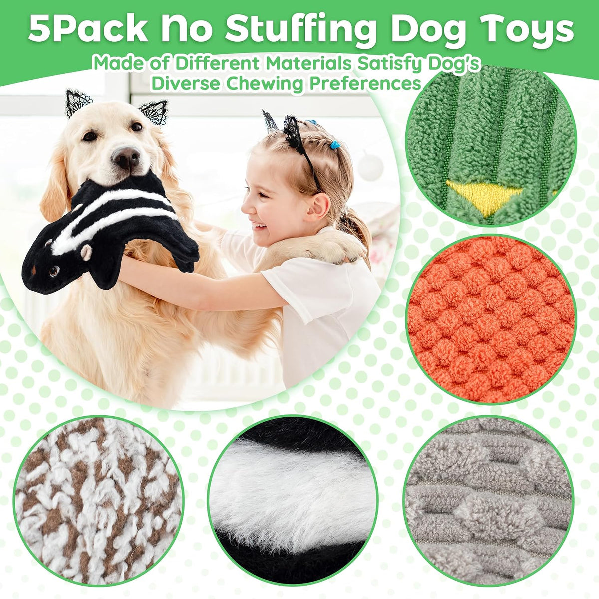 5 Pack Squeaky Dog Toys with Crinkle Paper, No Stuffing Dog Toy for Large Dogs, Safe Pet Toy for Small to Large Breed, Ideal for Puppy Gifts & Tug of War Toys